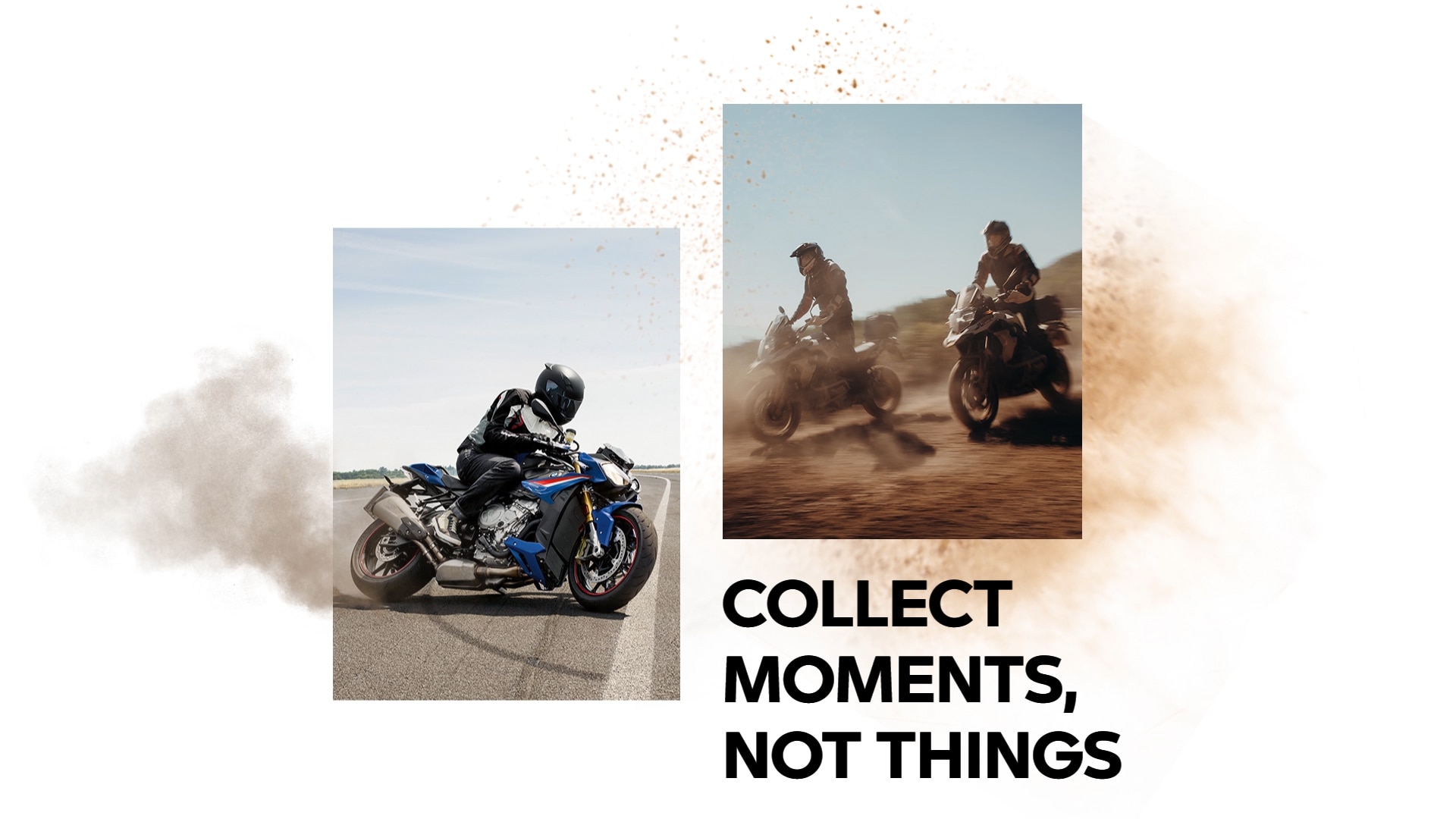 A BMW Motorrad racer on a race track. Two BMW Motorrad riders on sandy ground.